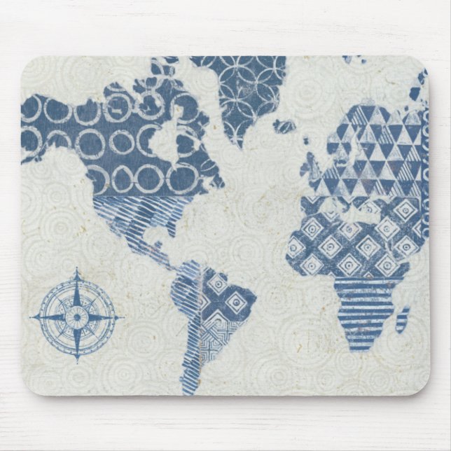 Indigo-Blau-Batik-Karte der Welt Mousepad (Vorne)