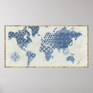 Indigo-Blau-Batik-Karte der Welt Poster