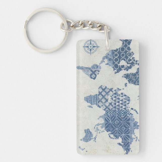 Indigo-Blau-Batik-Karte der Welt Schlüsselanhänger (Vorderseite)