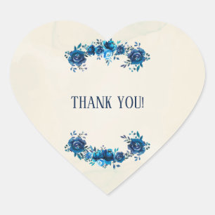 Indigo Blau & Beige Aquarell Blumen Hochzeit Herz-Aufkleber