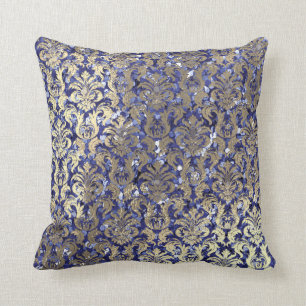 Indigo-Blau-Kobalt-Damast-Paillette Champaigne Kissen