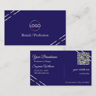 Indigo Blau mit Silberlinien-Logo und QR-Code Visitenkarte
