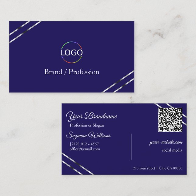 Indigo Blau mit Silberlinien-Logo und QR-Code Visitenkarte (Vorne/Hinten)