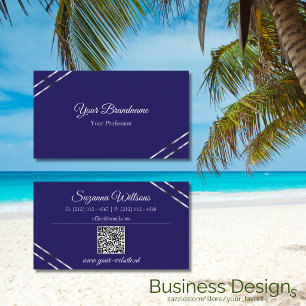 Indigo Blau mit Silberlinien und QR-Code Elegant Visitenkarte