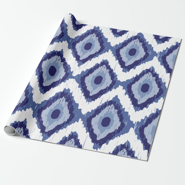 Indigo-Blau Stammes- Ikat Diamant-weißes Zickzack Geschenkpapier (Ungerollt)