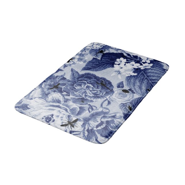 Indigo-Blau-Vintages botanisches u. Wanzen Badematte (Schrägansicht)