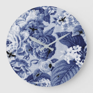 Indigo-Blau-Vintages botanisches u. Wanzen Große Wanduhr