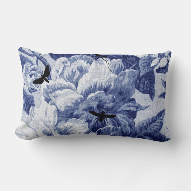 Indigo-Blau-Vintages botanisches u. Wanzen Lendenkissen (Vorderseite)