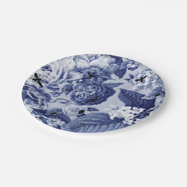 Indigo-Blau-Vintages botanisches u. Wanzen Pappteller (Schrägansicht)