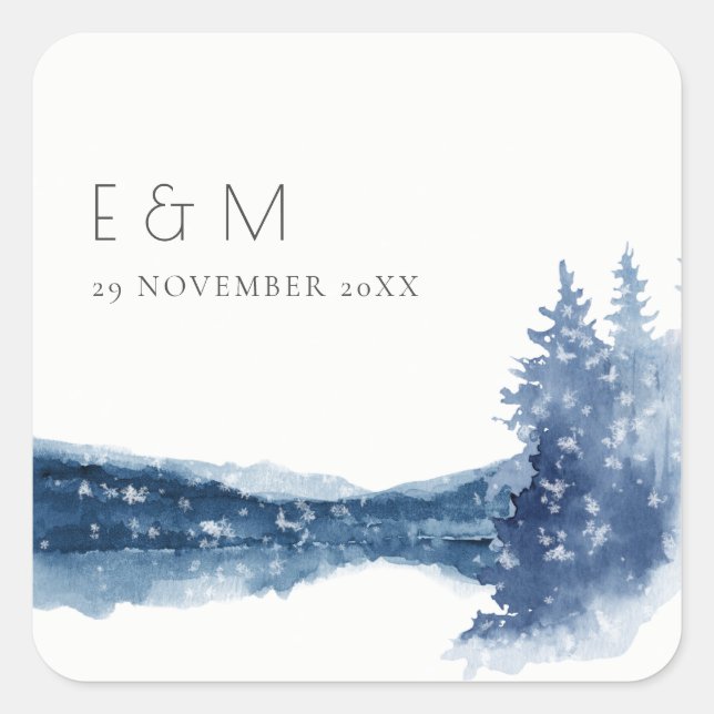 INDIGO BLAUE BERGSEE MONOGRAM WEDD QUADRATISCHER AUFKLEBER (Vorderseite)