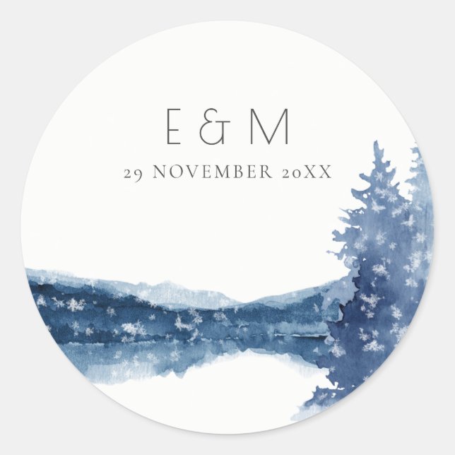 INDIGO BLAUE BERGSEE MONOGRAM WEDD RUNDER AUFKLEBER (Vorderseite)