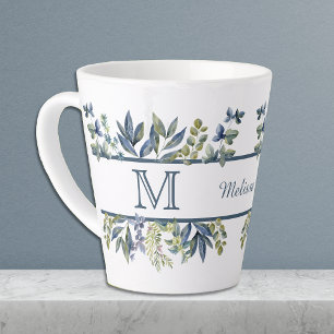 Indigo Blaue Blätter Rand Monogramm Milchtasse