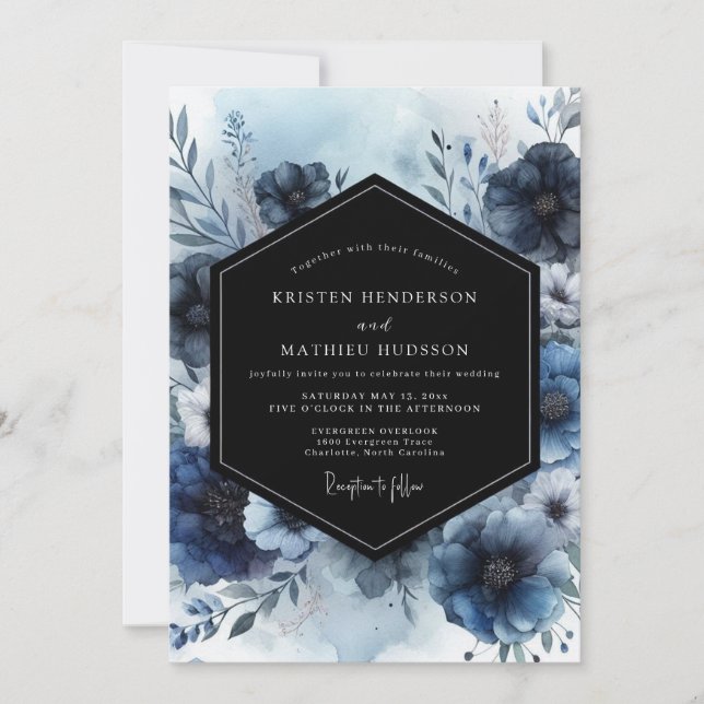 Indigo Bloom Whimsy Wedding Einladung (Vorderseite)