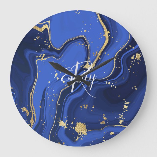 Indigo Blue Agate Marble Abstrakt Name Monogram Große Wanduhr (Vorderseite)