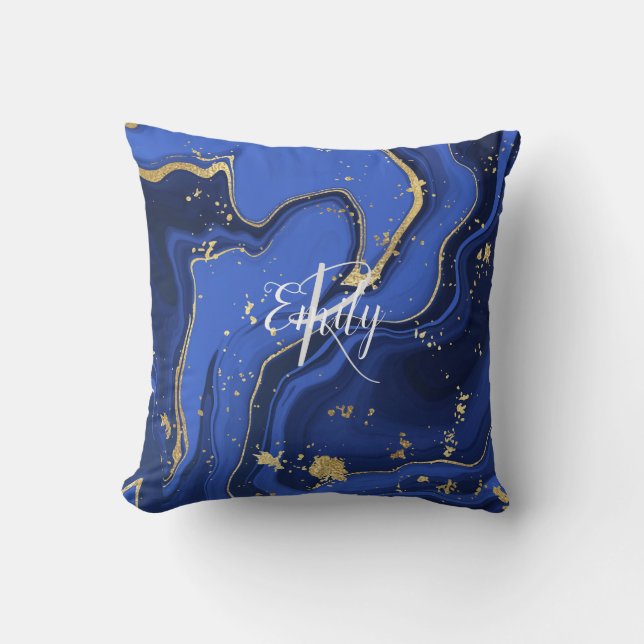 Indigo Blue Agate Marble Abstrakt Name Monogram Kissen (Vorderseite)