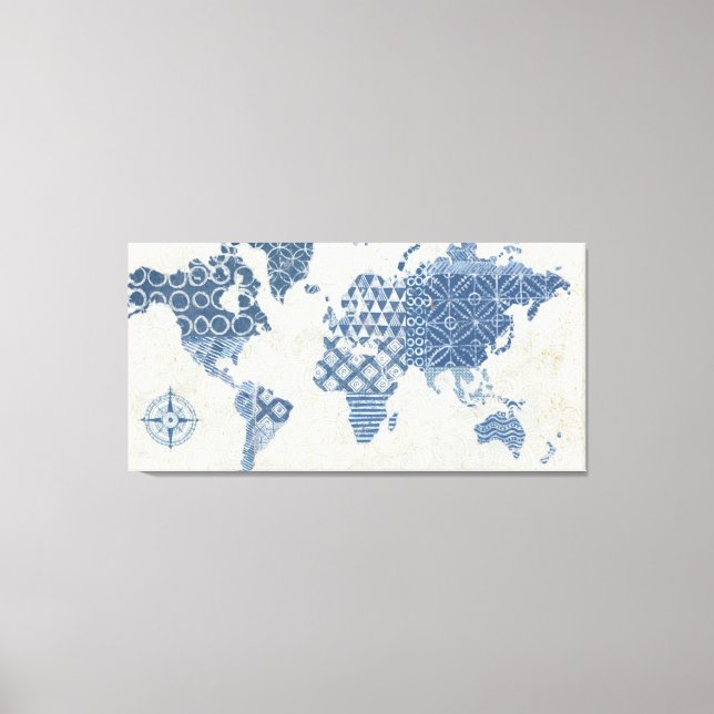 Indigo Blue Batik Karte der Welt Leinwanddruck (Vorderseite)