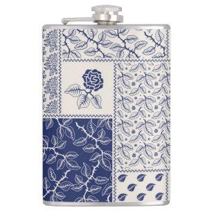 Indigo Blue Beige Floral Patchwork Flachmann