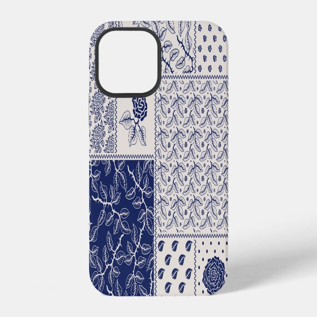 Indigo Blue Beige Floral Patchwork iPhone 12 Hülle (Rückseite)