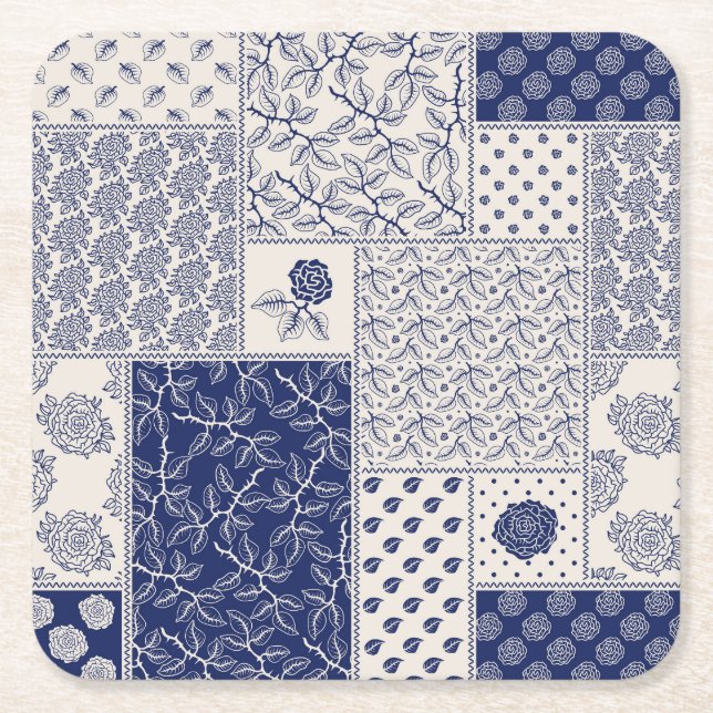 Indigo Blue Beige Floral Patchwork Rechteckiger Pappuntersetzer (Vorderseite)