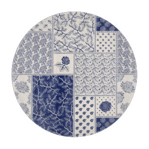 Indigo Blue Beige Floral Patchwork Schneidebrett