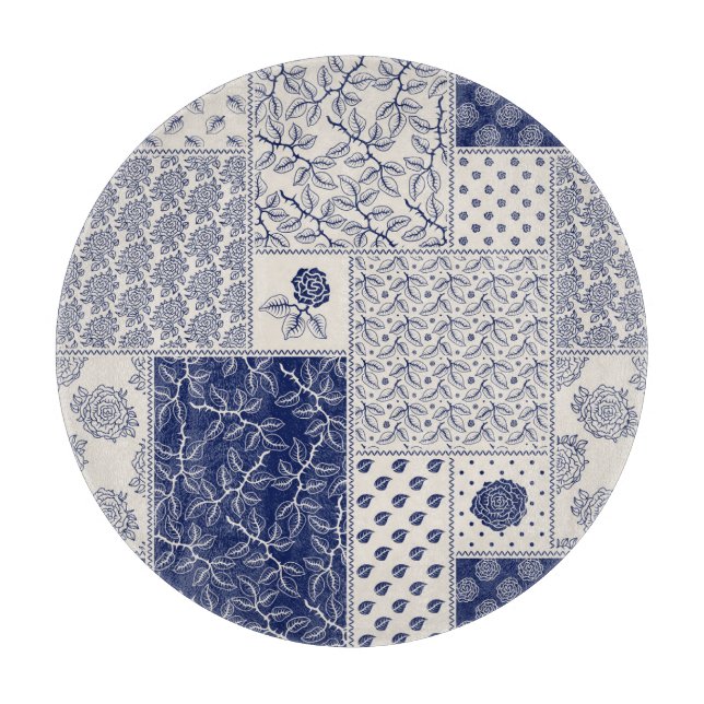 Indigo Blue Beige Floral Patchwork Schneidebrett (Vorderseite)