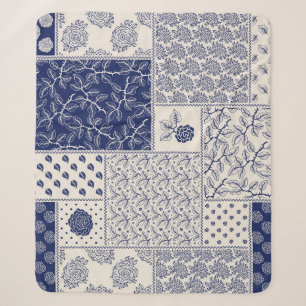 Indigo Blue Beige Floral Patchwork Sherpadecke