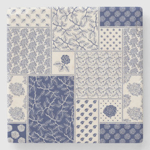 Indigo Blue Beige Floral Patchwork Steinuntersetzer