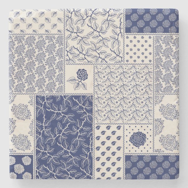 Indigo Blue Beige Floral Patchwork Steinuntersetzer (Vorderseite)