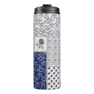 Indigo Blue Beige Floral Patchwork Thermosbecher
