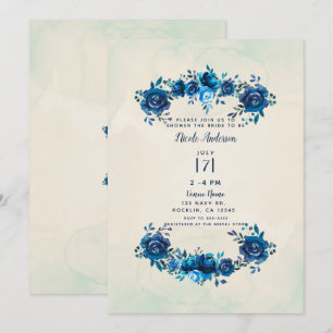 Indigo Blue Beige Watercolor Blume Brautparty Einladung