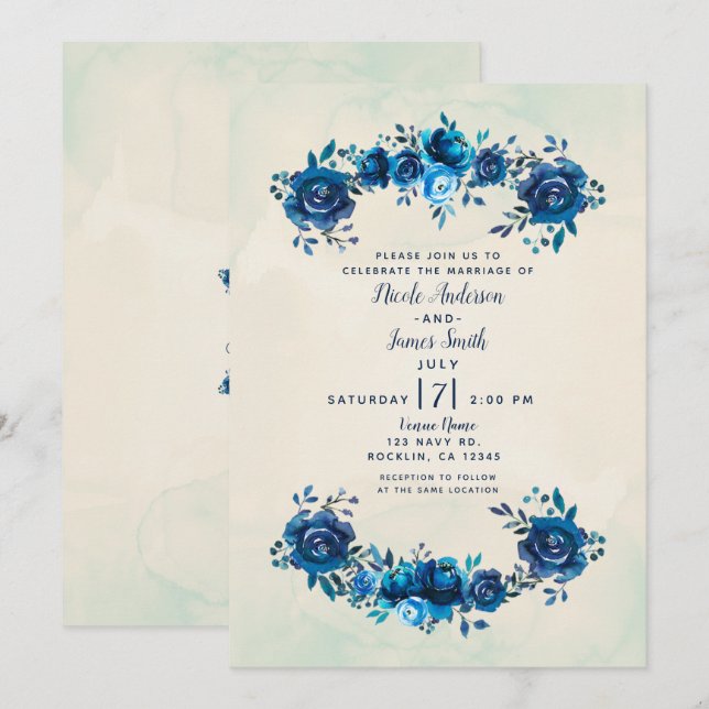 Indigo Blue & Beige Watercolor Blume Hochzeit Einladung (Vorne/Hinten)