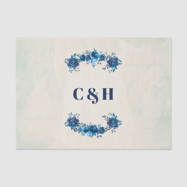 Indigo Blue & Beige Watercolor Blume Hochzeit Seidenpapier (Vorderseite)