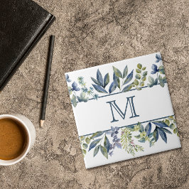 Indigo Blue Blätter Border Monogram Fliese