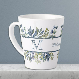 Indigo Blue Blätter Border Monogram Milchtasse