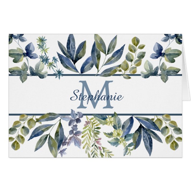 Indigo Blue Blätter Border Monogram Note Card (Vorderseite (Horizontal))