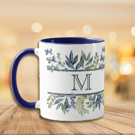 Indigo Blue Blätter Border Monogram Tasse