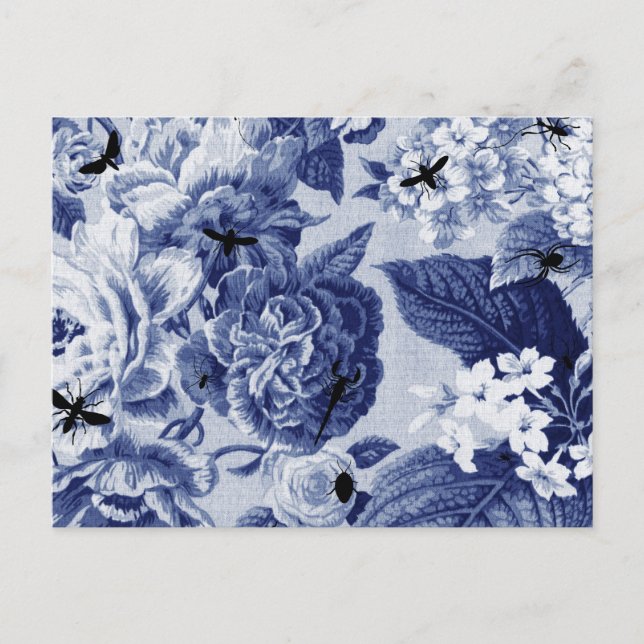 Indigo Blue Botanical & Bienen Zeichnend Blumentoi Postkarte (Vorderseite)