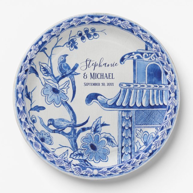 Indigo Blue Chinoiserie Vintages Blumenwasser Pappteller (Vorderseite)