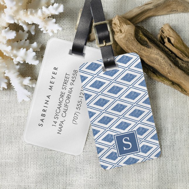 Indigo Blue Diamond Muster Monogram Gepäckanhänger (Von Creator hochgeladen)