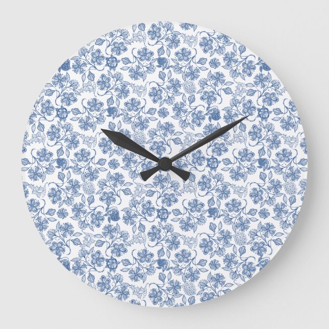 Indigo Blue Ethnic Floral Print Round Wall Horloge (Recto)