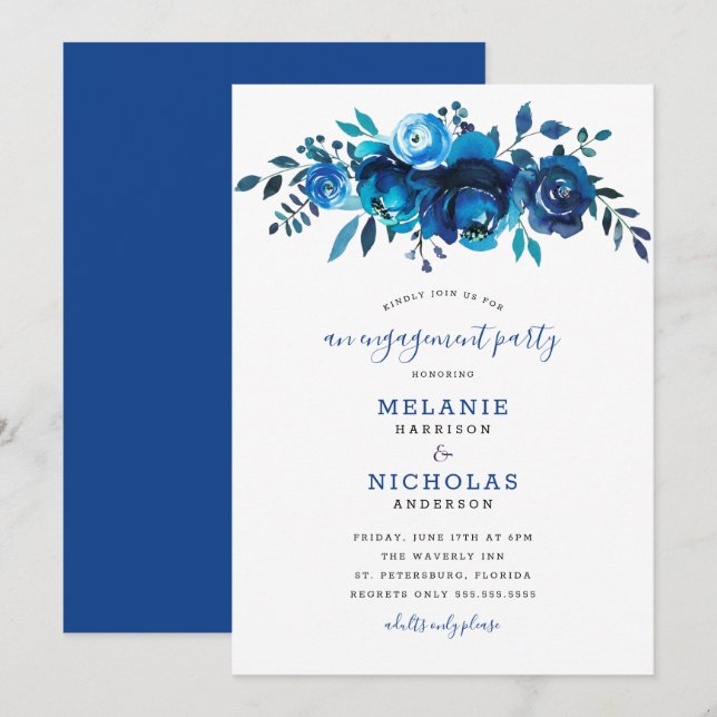 Indigo Blue Floral Drop Engagement Party Einladung (Vorne/Hinten)
