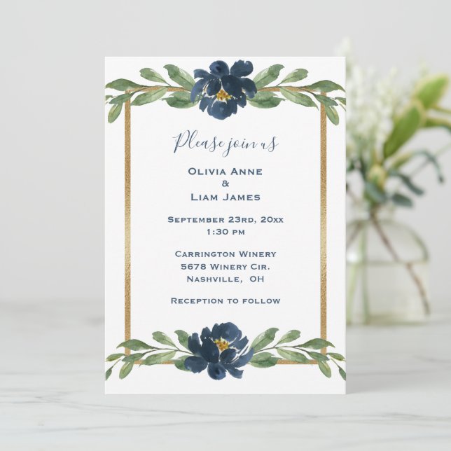 Indigo Blue Floral Elegante Hochzeit Einladung (Stehend Vorderseite)