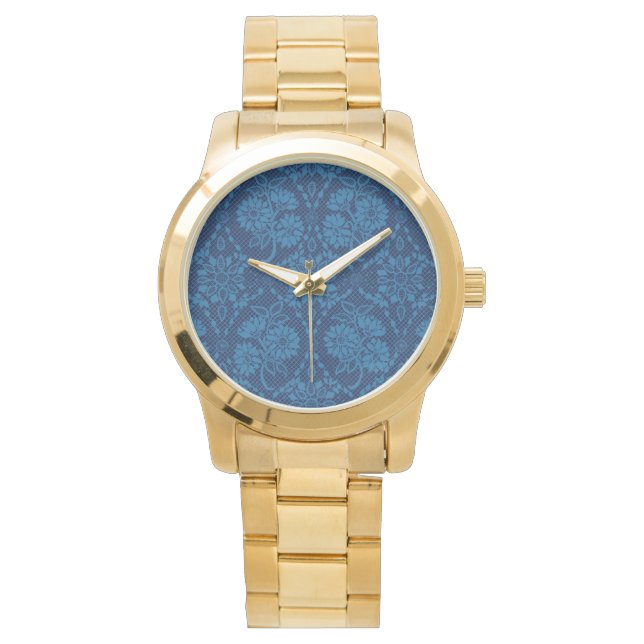 Indigo Blue Floral Imitate Spitzen Muster Armbanduhr (Vorderseite)