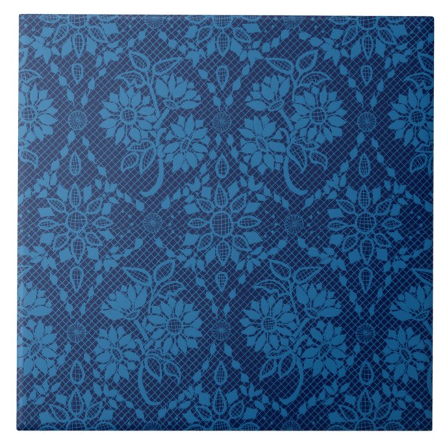 Indigo Blue Floral Imitate Spitzen Muster Fliese (Vorderseite)