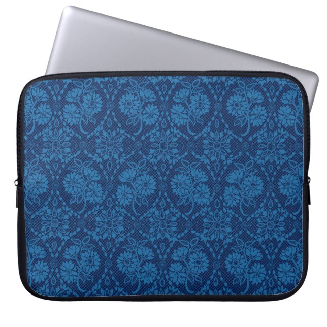 Indigo Blue Floral Imitate Spitzen Muster Laptopschutzhülle (Vorderseite)