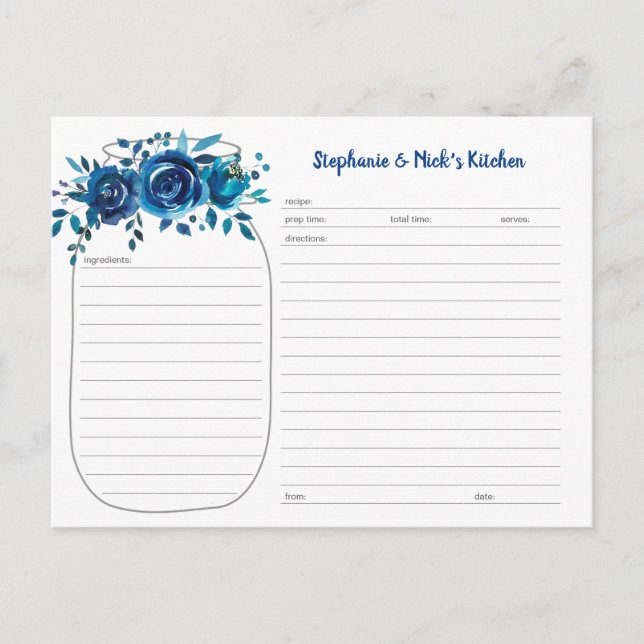 Indigo Blue Floral Mason Jar Neu verheiratete Reze Ankündigungspostkarte (Vorderseite)