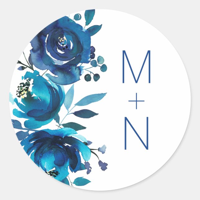 Indigo Blue Floral Monogramm Hochzeitsseminar Umsc Runder Aufkleber (Vorderseite)