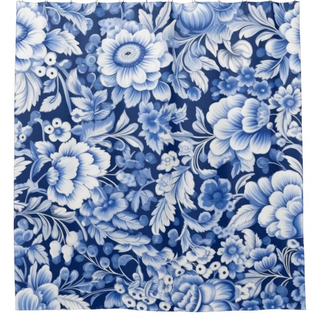 Indigo Blue Flowers Duschvorhang (Vorderseite)
