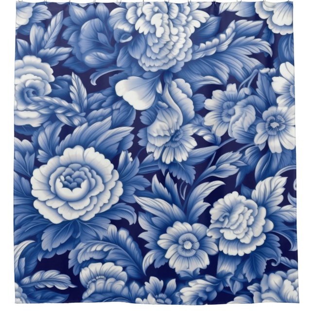 Indigo Blue Flowers Duschvorhang (Vorderseite)