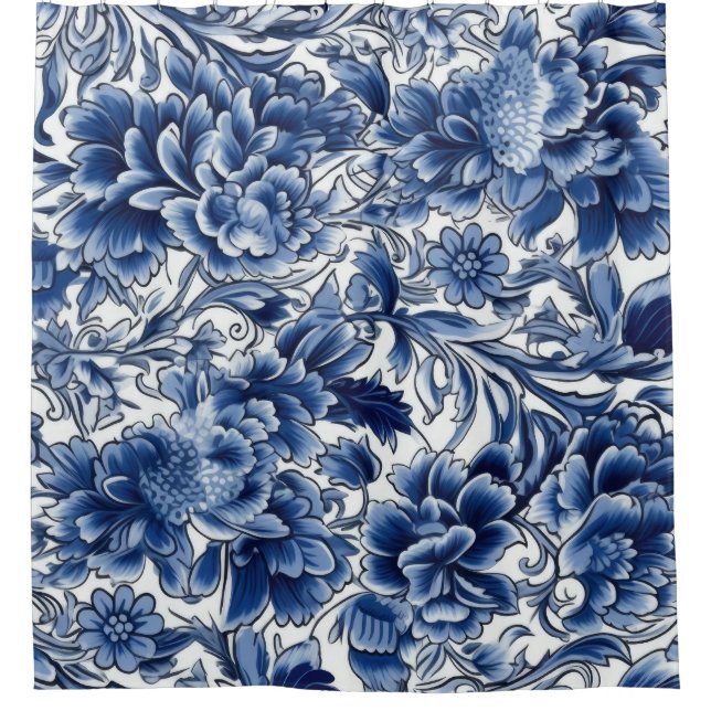 Indigo Blue Flowers Duschvorhang (Vorderseite)